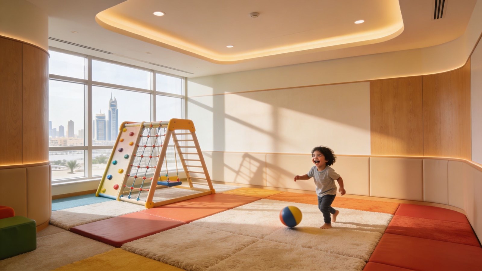 Top Paediatric Physiotherapy Dubai: Expert Child Care 2026 2 A happy toddler playing with a colorful ball in a bright, modern pediatric physiotherapy clinic in Dubai.