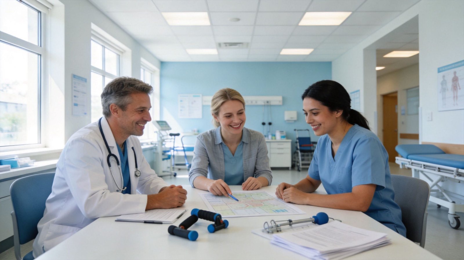 Top Paediatric Physiotherapy Dubai: Expert Child Care 2026 3 A doctor, a woman, and a physiotherapist smiling and discussing a document at a clinic table.