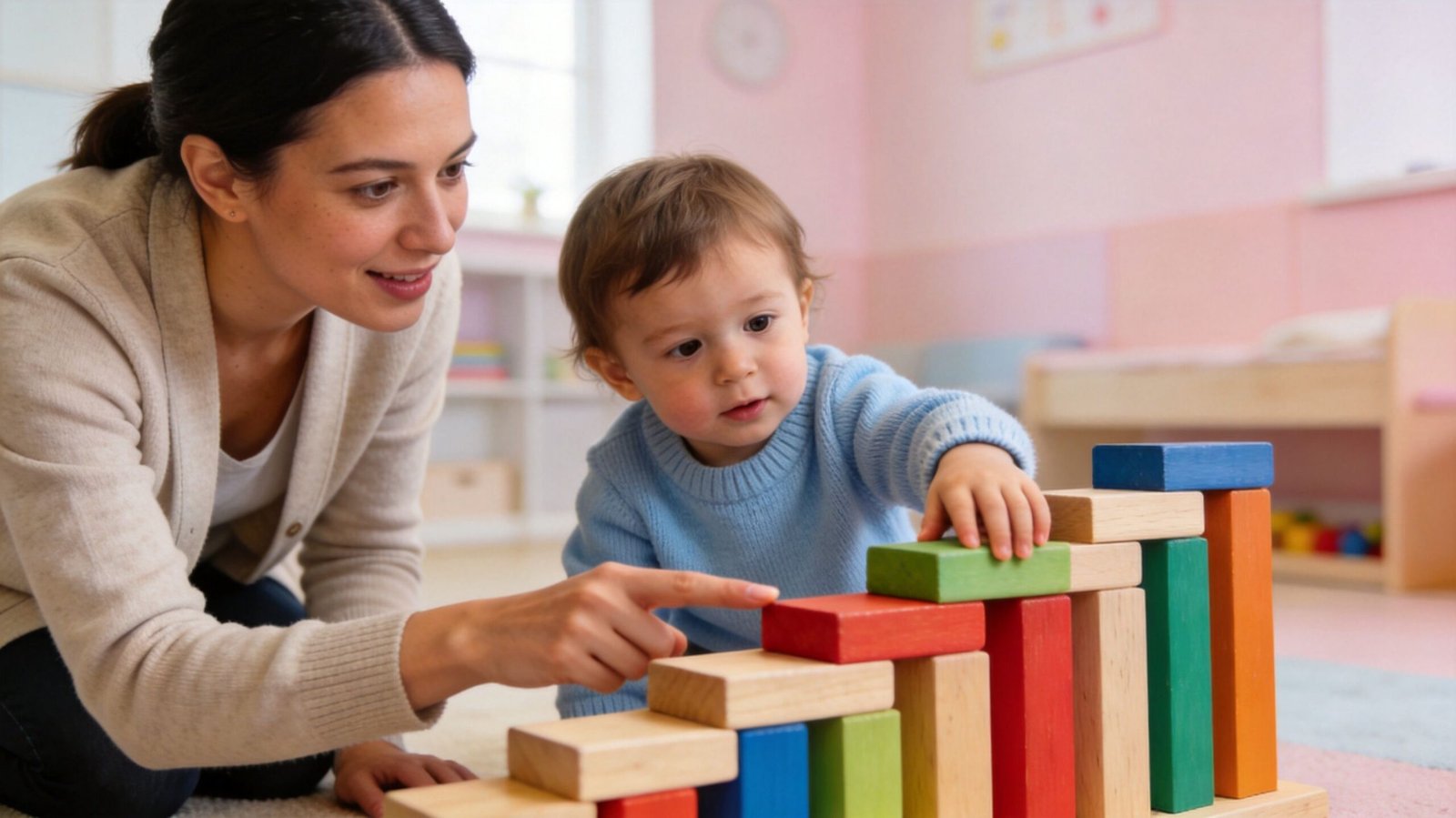 Top Paediatric Physiotherapy Dubai: Expert Child Care 2026 1 A young mother encourages her toddler to stack colorful wooden blocks during a playful developmental learning activity.