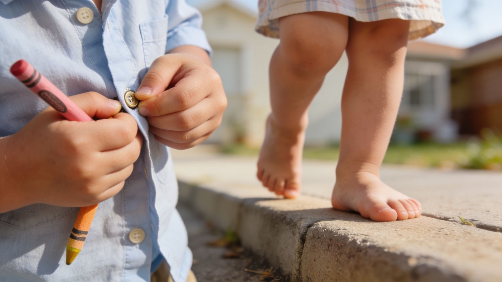A close-up of a child buttoning their light blue shirt while another child walks barefoot nearby.