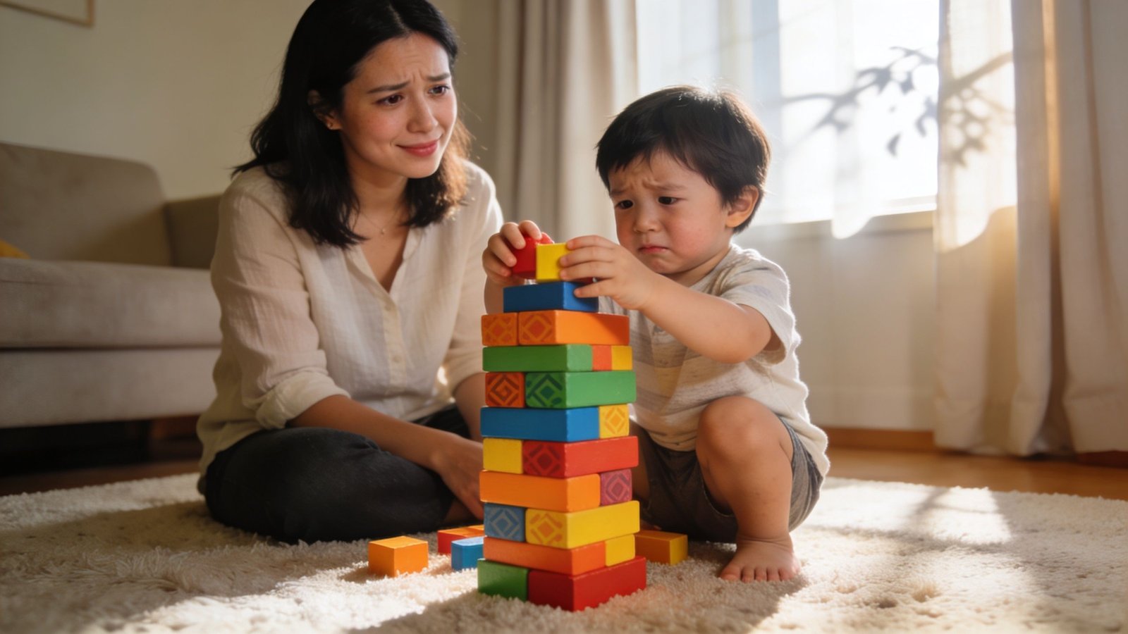 A concerned mother watches her young child struggle to balance wooden blocks during play therapy.