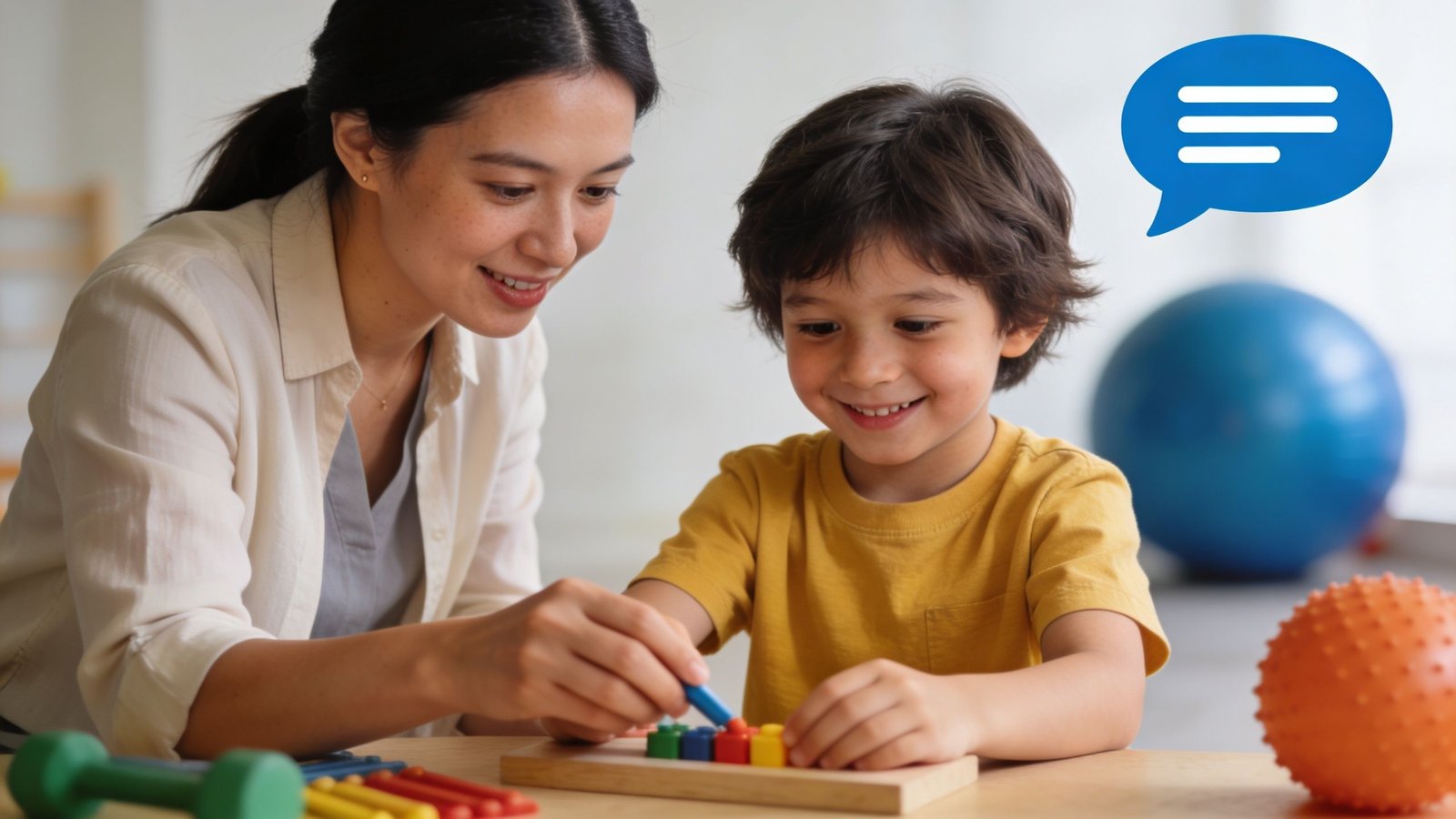 A dedicated pediatric occupational therapist works with a young boy using colorful building blocks to improve skills.