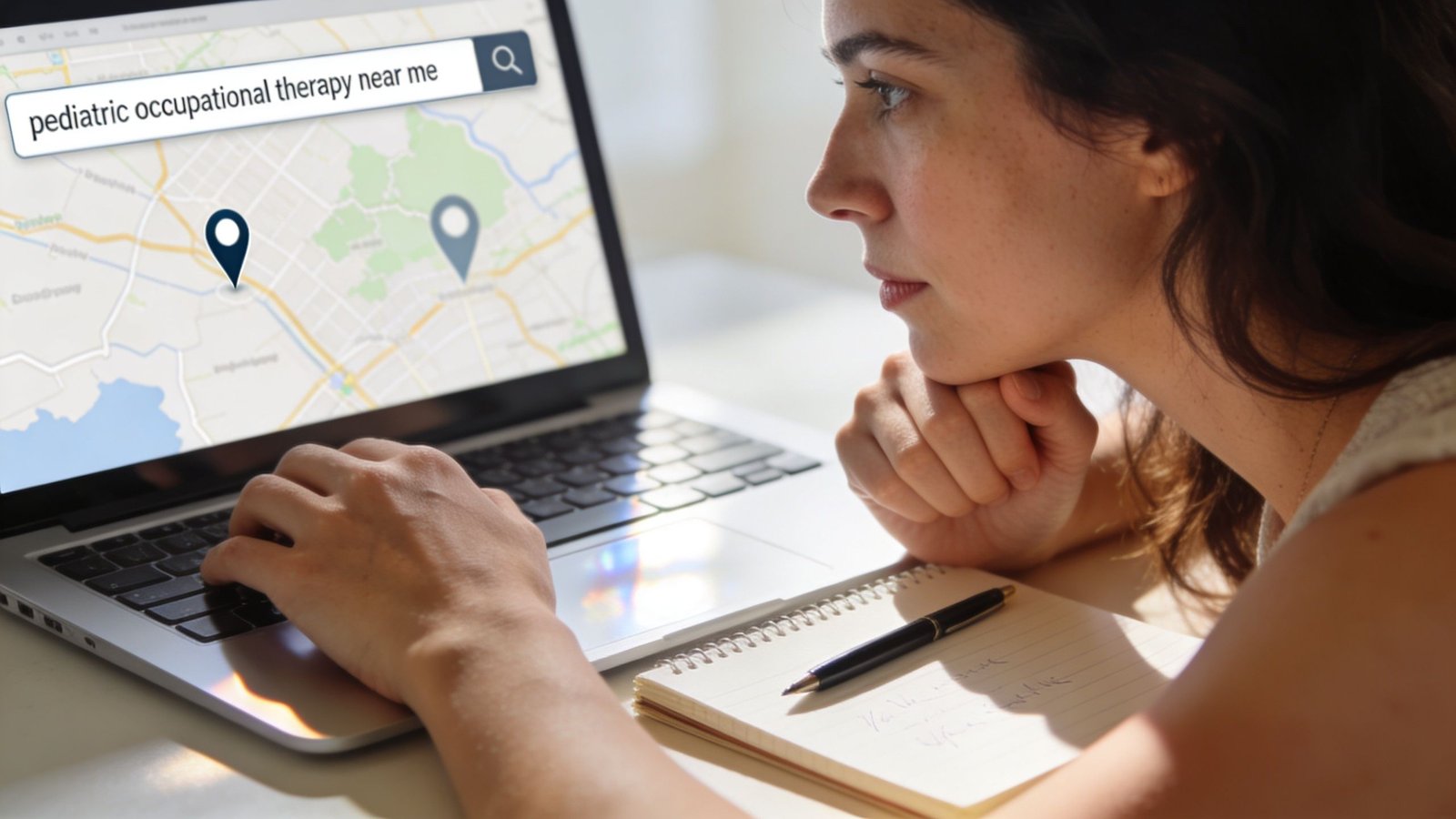 A woman looks at a laptop screen searching for pediatric occupational therapy services near her.