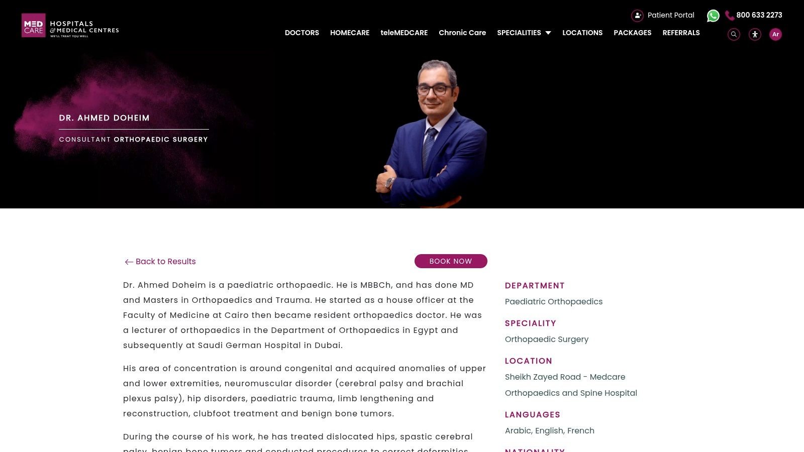 7 Pediatric Orthopedic Doctors in Dubai for 2026 6 Dr. Ahmed Doheim — Paediatric Orthopaedic Surgeon (Medcare Orthopaedics & Spine Hospital, Sheikh Zayed Road)