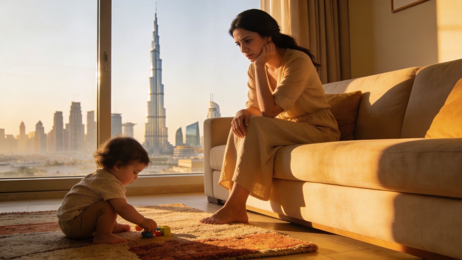 Pediatric Physiotherapy Dubai: Expert Care for Your Child 1 A mother sitting thoughtfully on a couch as her toddler plays on the rug in a Dubai apartment.