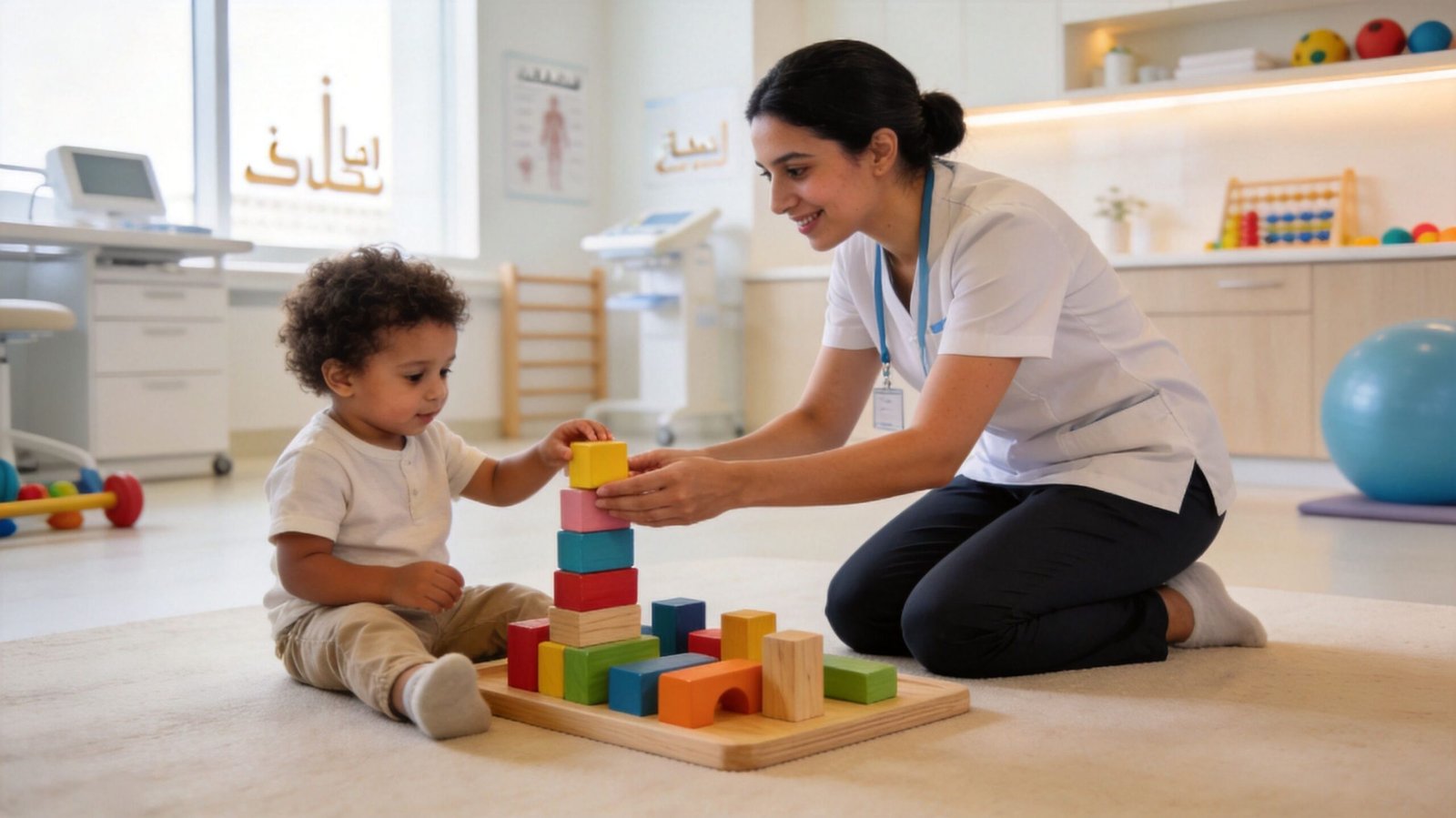 Pediatric Physiotherapy Dubai: Expert Care for Your Child 2 A pediatric therapist plays with a young boy using building blocks during a therapy session in Dubai.
