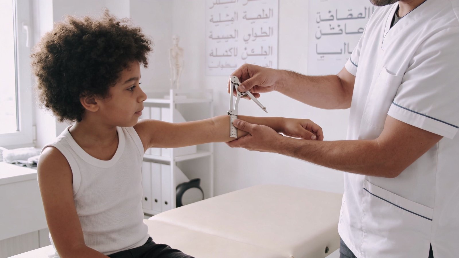 Pediatric Physiotherapy Dubai: Expert Care for Your Child 3 A pediatric physiotherapist measuring a young boy's arm using a caliper in a clinical setting.