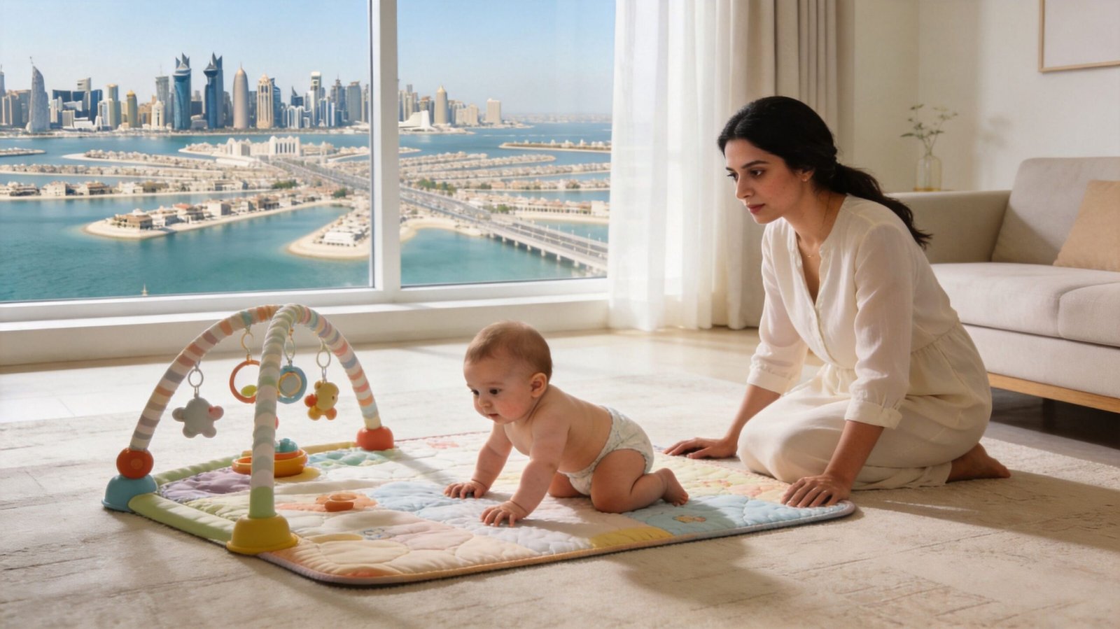 A mother watching her baby crawl on a play mat in a modern living room with a city view.