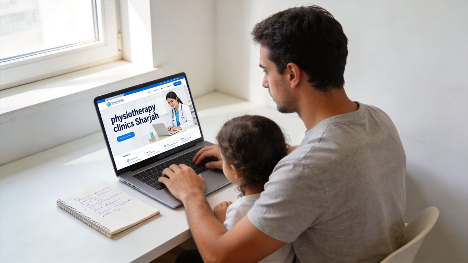 A father and his young child looking at a physiotherapy clinic website on a laptop computer together.