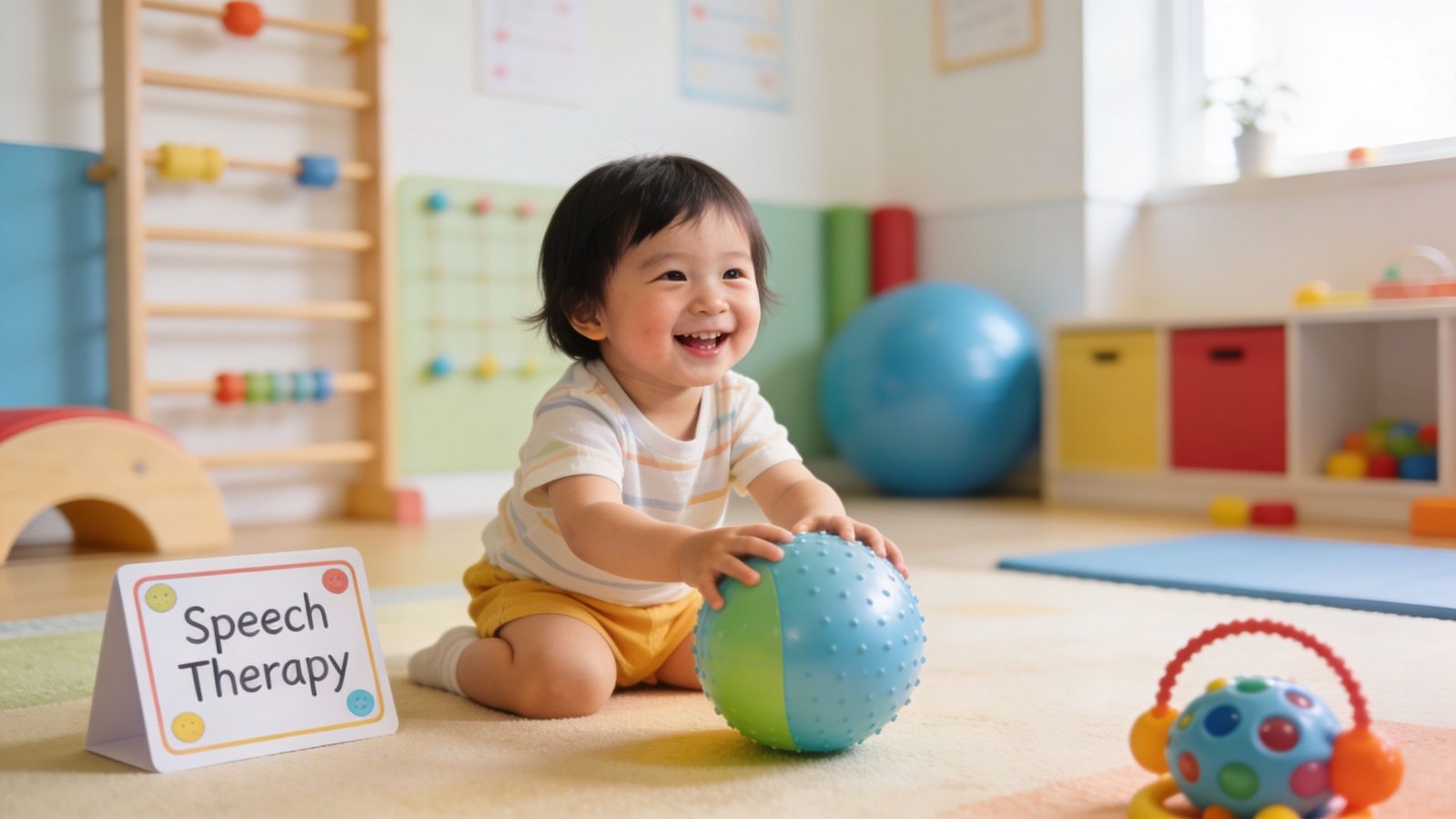 A happy toddler playing with a textured sensory ball during a professional speech therapy session.