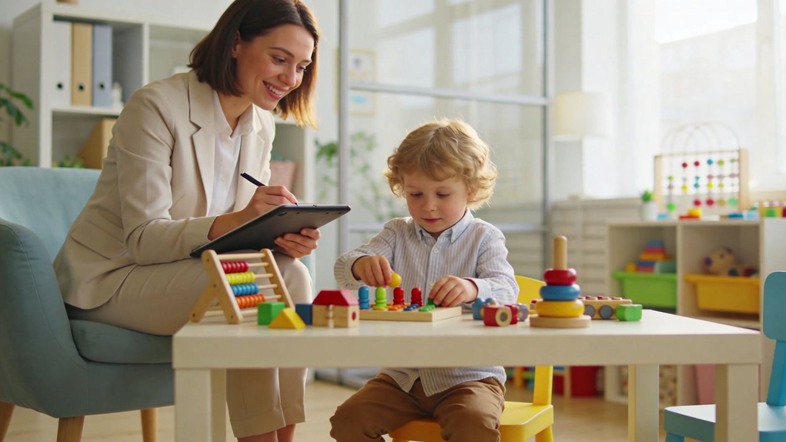 A psychologist observes a young child playing with educational toys during a professional assessment in her office.