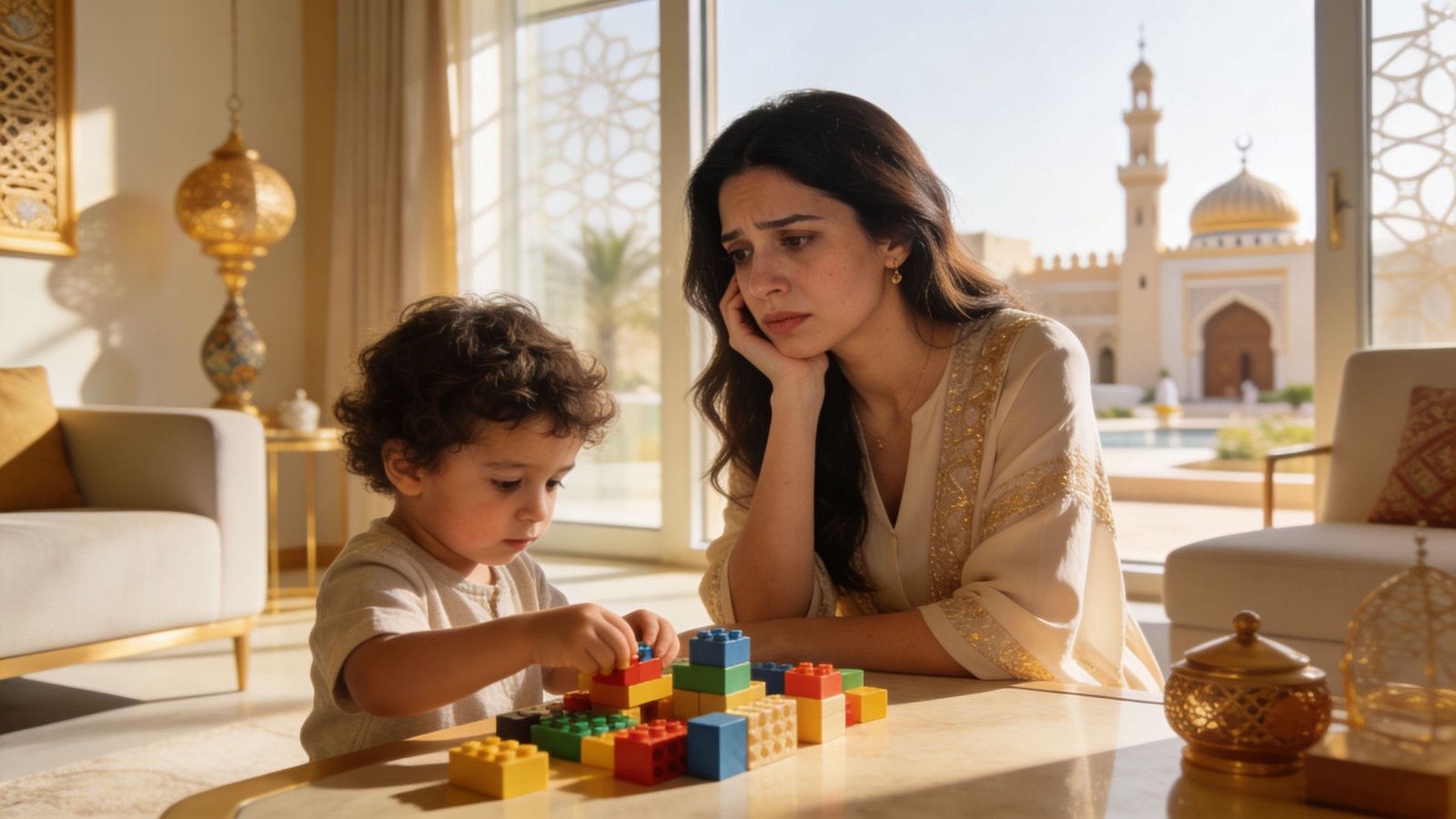 A young child plays with building blocks while a concerned woman sits and watches nearby.