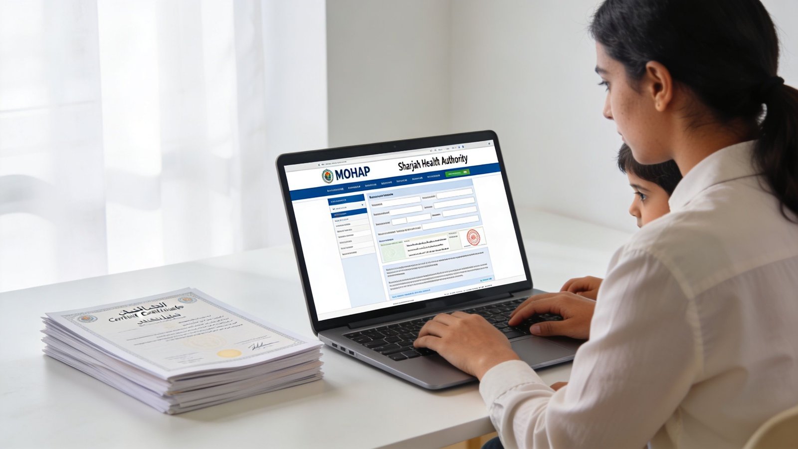 A woman working on a laptop at a desk with a stack of documents next to her.