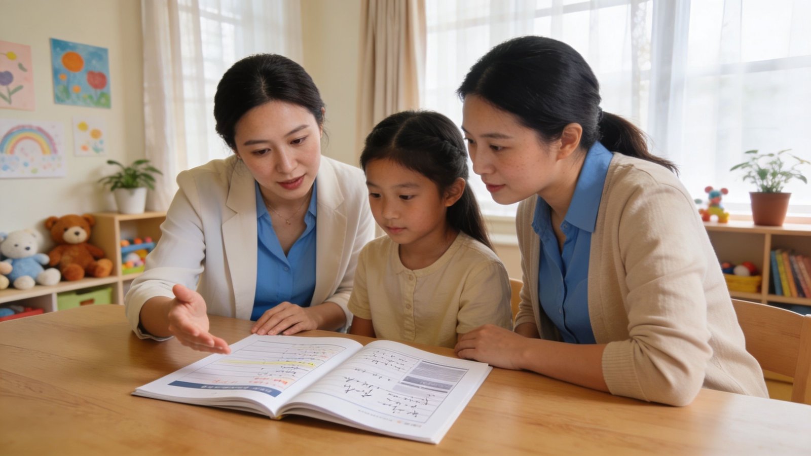 A teacher guides a young student through her workbook in a bright and colorful classroom setting.