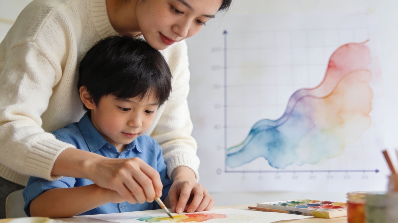 A kind teacher guiding a young boy as he paints a watercolor graph on paper.