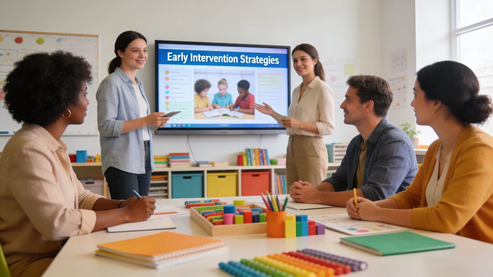 A group of professionals in a classroom setting attending a training workshop on early intervention strategies.