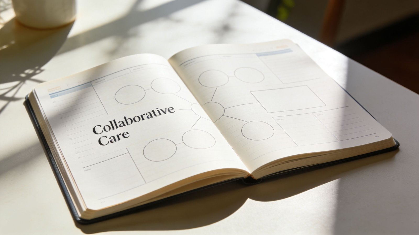 Pediatric Therapy Near Me: A Guide for Parents 3 An open planner on a desk with the words Collaborative Care written for therapy session planning.