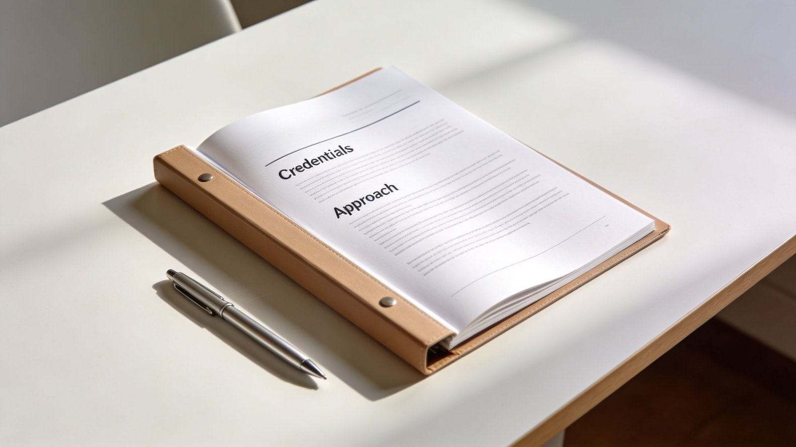 Pediatric Therapy Near Me: A Guide for Parents 2 A leather document binder labeled Credentials and Approach sits on a white desk next to a pen.