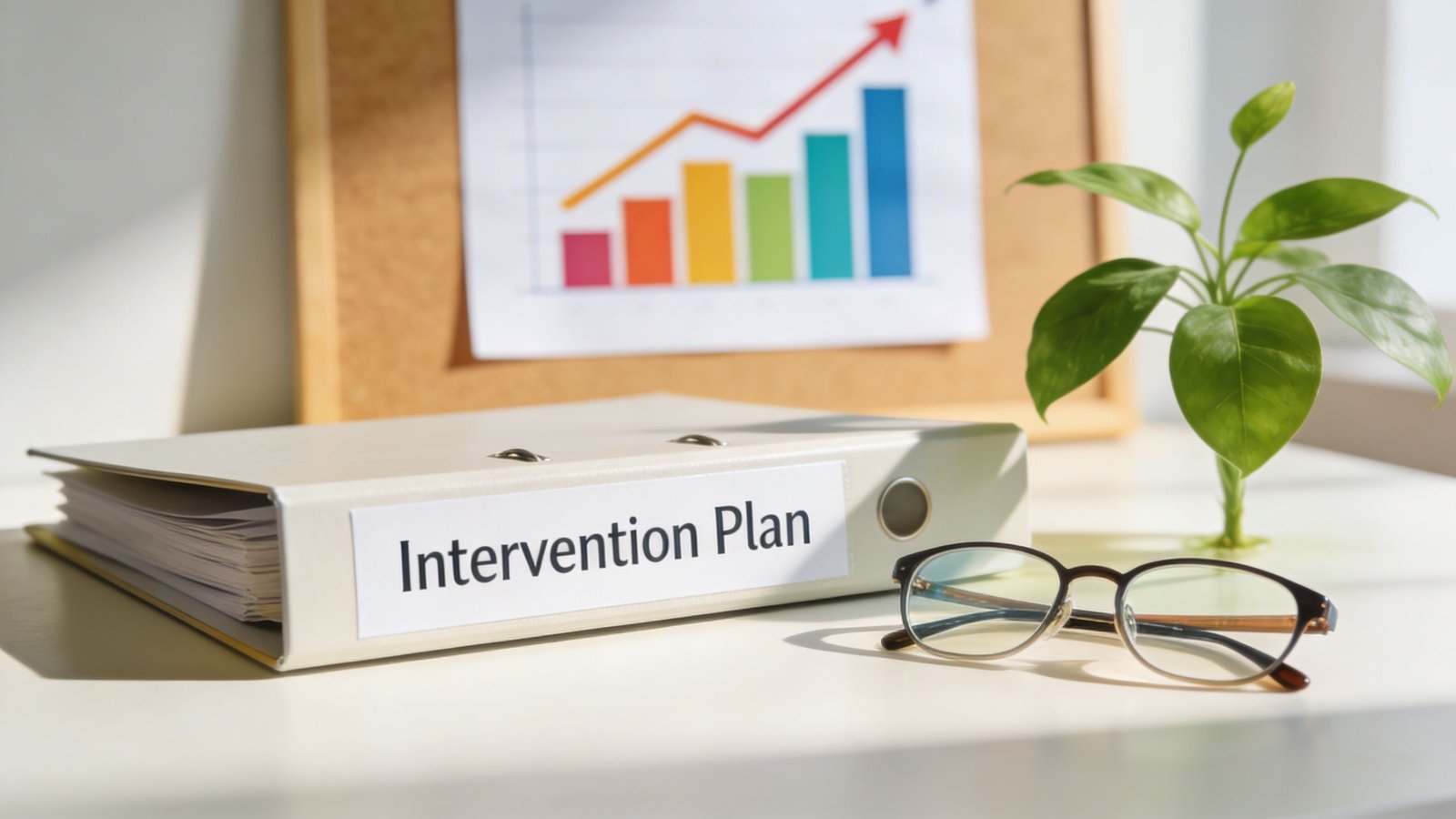 A binder labeled Intervention Plan resting on a desk with glasses and a small green plant.