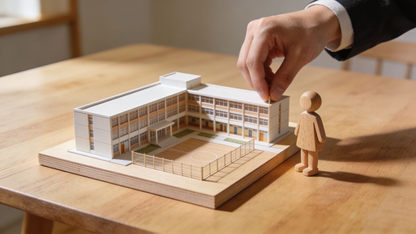 A professional hand places a tiny pin on a miniature model of a school building near a figurine.