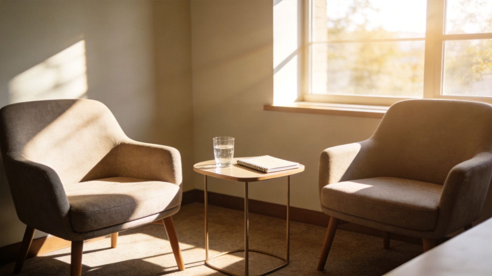 Two beige armchairs facing each other in a sunlit room with a small side table between them.
